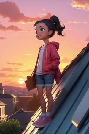 Prompt: a young girls looks at the sunset sky from a roof, summer, summer colors,
