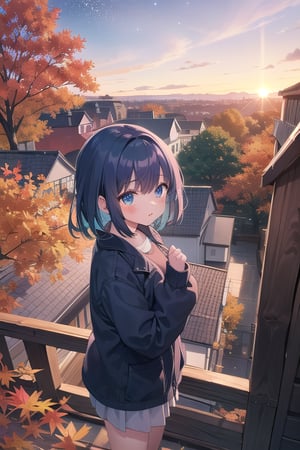 a young girls looks at the sunset sky from a roof, autumn, fall colors, leaves, trees, sky, with autumn colors and Prussian blue, cyan, ultramarine, fuchsia, purple, lots of stars