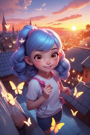 Prompt: a young girls looks at the sunset sky from a roof, summer, summer colors, butterfly, 
