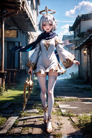 a woman in a shirt and cape, blush, smile, short hair, open mouth, bangs, blue eyes, pantyhose, long sleeves, dress, hair between the eyes, white hair, :d, sky, day, cloud, scarf, white dress, white thigh, blue sky, halo, single thigh, waving, halo on head, floating in the air, paimon, gold details on clothes, (genshin impact),(((FULL BODY)))
photon mapping
more details
16k, HDR, cg, 3d, maintains maximum image details, photography, high resolution, Anti Aliasing,