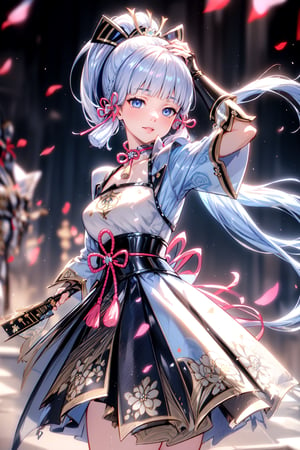 a girl in a dress holding a sword, long hair, smile, bangs, blue eyes, hair ornament, gloves, ribbon, platinum white hair, hair ribbon, ponytail, side locks, Japanese clothes, blunt bangs, armor, mole , arm up, fan hand, ice, braid ribbon, breastplate, armored dress, Japanese armor, snowflakes, holding fan, kamisato ayaka,genshin impcat,
skin, realistic,BODY
photon mapping
more details
16k,Hdr,cg, 3d, maintain maximum image detail,photography,high resolution,Anti Aliasing,sexy








