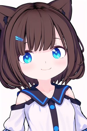 4xiaaoi, masterpiece, best quality, 1girl, chibi style, chibi, short_brown_hair, blue_navy_eyes, white_background, smilling