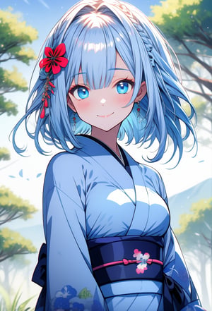 (),masterpiece:1.5, spot light, exquisite gentle eyes,(),close to viewer,solo,(face)
,portrait:1.5,masterpiece,(face focus),(short hair:1.3),light blue hair:1.5,sidelocks,1beautiful girl,blue gradient eyes,(),tsurime:1.5,(upper body:1.5),(smile:1.3),(stand),(),(kimono:1.3),Japanese clothing,kanzashi,half closed eyes,
head tilt:1.3,colorful,
(small breasts:1.2),
( nature Background:1.3)、
slender Body:1.3,shiny hair, shiny skin,niji,Anime,