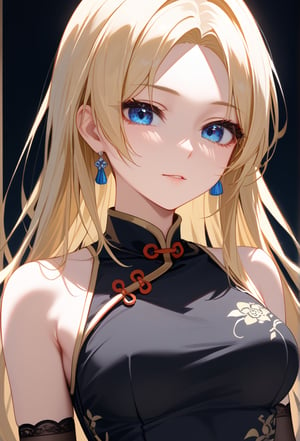 (High-resolution images、4k,masterpiece:1.5),1 girl, Close-up of face, face, bare shoulders,  blonde hair, blue , blue eyes,  breasts, cheongsam, chinese clothes, black dress, elbow gloves, parted bangs, gloves, medium breasts, long hair,   clear face, solo,、
,score_9_up, score_8_up, masterpiece, best quality