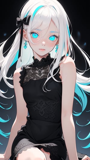 (photorealistic:1.4), (masterpiece, sidelights, exquisite gentle eyes), (character focus,close to viewer,portrait、　masterpiece) ,anime colored,,cute face、 3D face,,(white hair,straight hair),(1 girl),sit,(blue eyes),(full body:1.2),(simple mini　sleeveless white black lace dress:1.4),blush、hair ribbon、
(cute face),(clear face:1.5),Gentle face,(small breasts),( colorful background:1.5)、(glowing eyes)、
neat and clean、adorable、Slim Body,(tareme:1.5),,shiny hair, shiny skin、,niji,sketch,manga