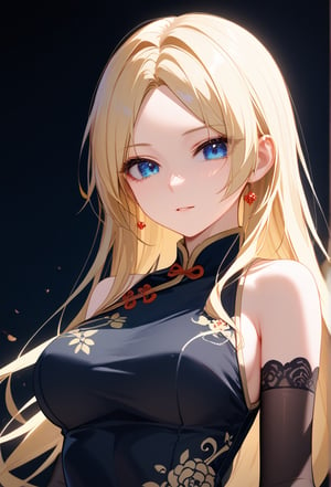 (High-resolution images、4k,masterpiece:1.5),1 girl, (Close-up of face, face), bare shoulders,  blonde hair, blue , blue eyes,  breasts, cheongsam, chinese clothes, black dress, elbow gloves, parted bangs, gloves, medium breasts, long hair,   clear face, solo,、
,score_9_up, score_8_up, masterpiece, best quality