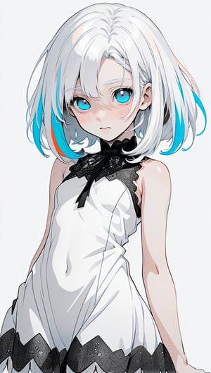 (photorealistic:1.4), (masterpiece, sidelights, exquisite gentle eyes), (character focus,close to viewer,portrait、　masterpiece) , ((anime coloring:1.5)),cute face、 3D face,(flat color:1.5,(white hair,straight hair,colored inner hair:1.5),(1 girl),(blue eyes),(cowboy shot:1.2),(simple mini　sleeveless white lace dress:1.4),blush、hair ribbon、
(cute face),(clear face:1.5),Gentle face,(small breasts),(white　black background:1.5)、(glowing eyes)、
neat and clean、adorable、Slim Body,(tareme:1.5),,shiny hair, shiny skin、,niji,sketch,manga