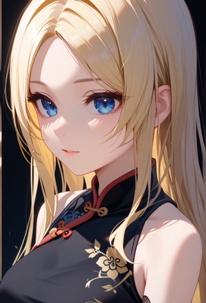 (High-resolution images、4k,masterpiece:1.5),1 girl, (Close-up of face, face: 1.5), bare shoulders,  blonde hair, blue , blue eyes,  breasts, cheongsam, chinese clothes, black dress, elbow gloves, parted bangs, gloves, medium breasts, long hair,   clear face, solo,、
,score_9_up, score_8_up, masterpiece, best quality