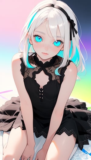 (photorealistic:1.4), (masterpiece, sidelights, exquisite gentle eyes), (character focus,close to viewer,portrait、　masterpiece) ,anime colored,,cute face、 3D face,,(white hair,straight hair),(1 girl),sitting,wariza,from above,(blue eyes),(full body:1.2),(simple mini　sleeveless white black lace dress:1.4),blush、hair ribbon、
(cute face),(clear face:1.5),Gentle face,(small breasts),( colorful background:1.5)、(glowing eyes)、
neat and clean、adorable、Slim Body,(tareme:1.5),,shiny hair, shiny skin、,niji,sketch,manga