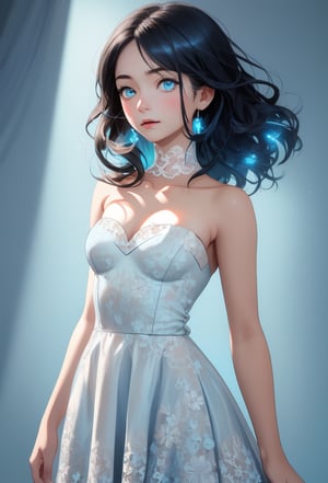 (light blue Color lighting:1.5),photorealistic,masterpiece:1.5, spot light, exquisite gentle eyes,()
,portrait,masterpiece,face focus:1.2,(),multicolored hair:1.4,,black hair:1.2,middle hair:1.4,sidelocks,1girl:1.3,beautiful girl,aqua eyes,tareme:1.5,(cowboy shot:1.5),(clear face:1.3),(stand:1.3),
head tilt:1.3,(white lace strapless dress:1.5),
(small breasts:1.5),cute face,
(Dark Background:1.3)、
slender Body:1.3,shiny hair, shiny skin,niji,Anime,