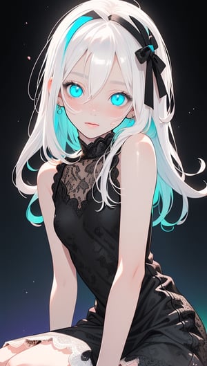 (photorealistic:1.4), (masterpiece, sidelights, exquisite gentle eyes), (character focus,close to viewer,portrait、　masterpiece) ,anime colored,,cute face、 3D face,,(white hair,straight hair),(1 girl),sit,(blue eyes),(full body:1.2),(simple mini　sleeveless white black lace dress:1.4),blush、hair ribbon、
(cute face),(clear face:1.5),Gentle face,(small breasts),( colorful background:1.5)、(glowing eyes)、
neat and clean、adorable、Slim Body,(tareme:1.5),,shiny hair, shiny skin、,niji,sketch,manga