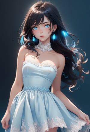 (light blue Color lighting:1.5),photorealistic,masterpiece:1.5, spot light, exquisite gentle eyes,()
,portrait,masterpiece,face focus:1.2,(),multicolored hair:1.4,,black hair:1.2,middle hair:1.4,sidelocks,1girl:1.3,beautiful girl,aqua eyes,tareme:1.5,(cowboy shot:1.5),(clear face:1.3),(stand:1.3),
head tilt:1.3,(white lace strapless dress:1.5),
(small breasts:1.5),cute face,
(Dark Background:1.3)、
slender Body:1.3,shiny hair, shiny skin,niji,Anime,