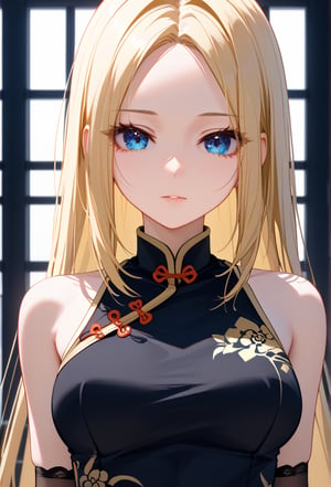 (High-resolution images、4k,masterpiece:1.5),1 girl, (Close-up of face, face: 1.5), bare shoulders,  blonde hair, blue , blue eyes,  breasts, cheongsam, chinese clothes, black dress, elbow gloves, parted bangs, gloves, medium breasts, long hair,   clear face, solo,、
,score_9_up, score_8_up, masterpiece, best quality