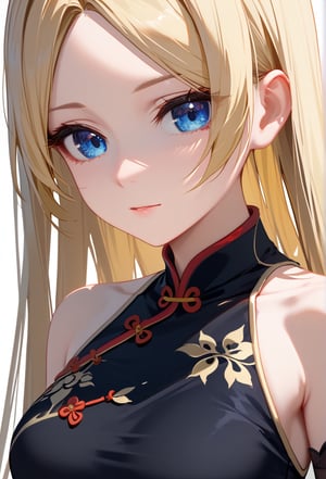 (High-resolution images、4k,masterpiece:1.5),1 girl, (Close-up of face, face: 1.7), bare shoulders,  blonde hair, blue , blue eyes,  breasts, cheongsam, chinese clothes, black dress, elbow gloves, parted bangs, gloves, medium breasts, long hair,   clear face, solo,、
,score_9_up, score_8_up, masterpiece, best quality