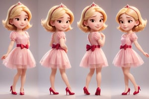 Create a character design sheet for a princess. Pixar cartoon style, with short blond hair, a short pink dress, pink bow hair accessories, and red high heels；Include various poses, angles, and expressions. The princess should have a kind and sweet appearance, with a beautiful dress and a crown. Show her in different emotions such as happy, sad, angry, and surprised. Include front, side, and back views.White background.