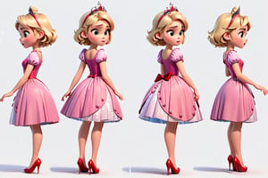 Create a character design sheet for a princess. Pixar cartoon style, with short blond hair, a short pink dress, pink bow hair accessories, and red high heels；Include various poses, angles, and expressions. The princess should have a kind and sweet appearance, with a beautiful dress and a crown. Show her in different emotions such as happy, sad, angry, and surprised. Include front, side, and back views.White background.