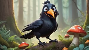 "A playful and mischievous grin spreads across the face of the adorable crow, as he hops from one colorful mushroom to the next in a magical forest. His curious nature and endearing personality make him a beloved companion to all who encounter him." Estilo Disney pixar.