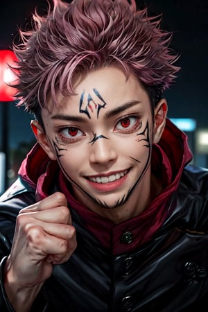(masterpiece), best quality, expressive eyes, perfect face, looking at viewer, front view, close-up on face, 1male, SUKUNA, smile, red eyes, pink hair, TATTOO_ON_HIS_FACE, school uniform, black jacket, red hood, street, city, night, itadori yuji,itadori yuuji, full body, punching pose, fight pose, dark vibes, dark background, dark and red aura