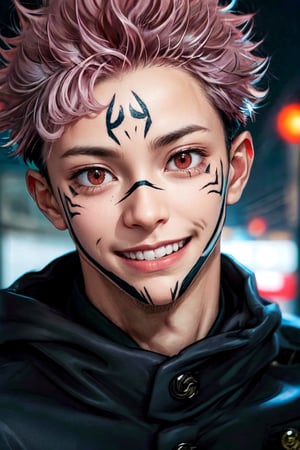 (masterpiece), best quality, expressive eyes, perfect face, looking at viewer, front view, close-up on face, 1male, SUKUNA, smile, red eyes, pink hair, TATTOO_ON_HIS_FACE, school uniform, black jacket, red hood, street, city, night, itadori yuji,itadori yuuji,portrait