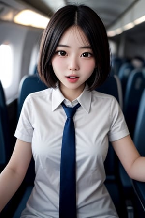 1 girl, 18yo, open mouth,  joy,  (short bob hair), (drooping eye), extrereamly cute face, round face,  rim light, pov, blurry background,clothed, plump cheeks, flight attendant, tie,<lora:659111690174031528:1.0>