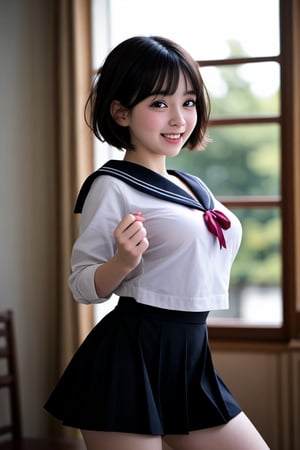 1 girl, 18yo, open mouth, smile ,short hair,  (drooping eye), extrereamly cute face, round face,  rim light, blurry background, plump cheeks, micro black skirt,sailor_girls, boob cartain, boobs, perky breasts,<lora:659111690174031528:1.0>