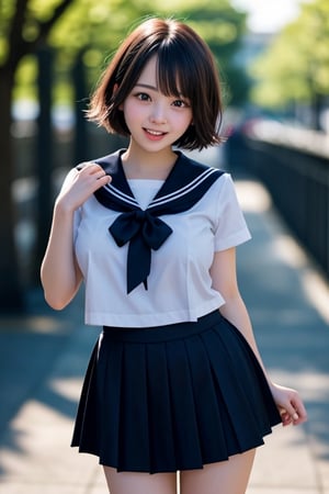 1 girl, 18yo, open mouth, smile ,short hair,  (drooping eye), extrereamly cute face, round face,  rim light, blurry background, plump cheeks, micro black skirt,sailor_girls, boob cartain,<lora:659111690174031528:1.0>