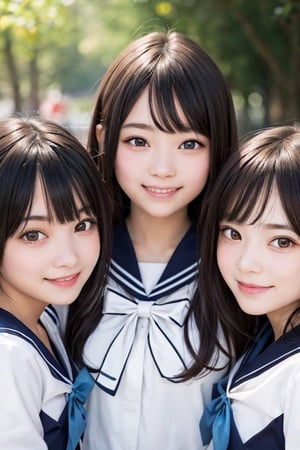 3 girls, (drooping eye), extrereamly cute face, round face,  rim light, blurry background, plump cheeks,sailor_girls,multiple girls, smile