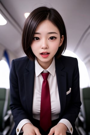 1 girl, 25yo, open mouth,  joy,short hair,  (drooping eye), extrereamly cute face, round face,  rim light, blurry background,clothed, plump cheeks, flight attendant, ribbon tie, jacket,<lora:659111690174031528:1.0>