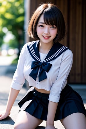 1 girl, 18yo, open mouth, smile ,short hair,  (drooping eye), extrereamly cute face, round face,  rim light, blurry background, plump cheeks, micro black skirt,sailor_girls, boob cartain, boobs, perky breasts,<lora:659111690174031528:1.0>