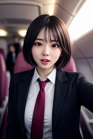 1 girl, 25yo, open mouth,  joy,  (short hair), (drooping eye), extrereamly cute face, round face,  rim light, pov, blurry background,clothed, plump cheeks, flight attendant, tie, jacket, sllim body,<lora:659111690174031528:1.0>