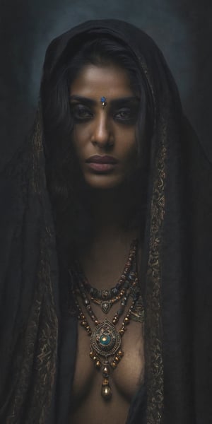 Generate hyper realistic image of an INDIAN PRIESTESS woman cloaked in shadows, her features obscured, with piercing eyes that reflect an ancient and ominous wisdom, embodying the essence of a mistress who commands the darkness.