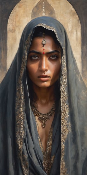 Generate hyper realistic image of an INDIAN PRIESTESS woman cloaked in shadows, her features obscured, with piercing eyes that reflect an ancient and ominous wisdom, embodying the essence of a mistress who commands the darkness.