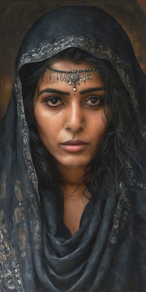 Generate hyper realistic image of an INDIAN PRIESTESS woman cloaked in shadows, her features obscured, with piercing eyes that reflect an ancient and ominous wisdom, embodying the essence of a mistress who commands the darkness.