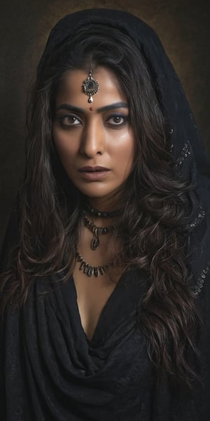 Generate hyper realistic image of an INDIAN PRIESTESS woman cloaked in shadows, her features obscured, with piercing eyes that reflect an ancient and ominous wisdom, embodying the essence of a mistress who commands the darkness.