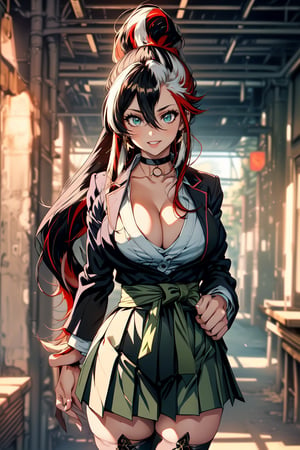 (cowboy shot: 1.5), (masterpiece:1.5), (big breasts), 1 girl, young woman, (Beautiful Girl:1.5), (extremely detailed and delicate anime face and eyes:1.5), whole body, (natural light, HDR, extremely details CG:1.3), (dynamic posture:1.3), {correct body anatomy}, (wide hips:1.4), (perfect hands:1.3), single focus, toned body, Beautiful Lips, thick lips, {surreal}, {correct posture}, {minutes details}, {detailed body}, {detailed clothing}, {Bright Eyes}, (cleavage: 1.3), {accessories}, {sexy}, {solo}, bbuniform, high school girl, school uniforms, (Short black blazer: 1.5), (white blouse: 1.3), long sleeves jacket, (open blazer: 1.5), (puffed sleeves: 1.3), silver-tone front zipper, (pleated skirt: 1.5), (short skirt: 1.3), (black thighhighs: 1.5), (Hakama bow: 1.3), waist-defining belt, choker, (over-the-knee black boots: 1.3), boots high-heeled, jewelry, earrings, (light smile: 1.3), (extra long hair: 1.5), (two-tone hair: 1.5), (black hair with red streaks: 1.5), (nape hair: 1.5), (wavy ponytail: 1.3), very thick hair, (hair between eyes: 1.3), (sidelocks: 1.3), glowing hair, (bright Pine Green eyes: 1.3),