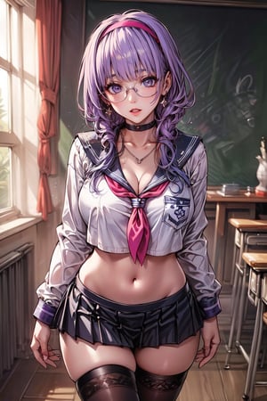 (masterpiece:1.5), (big breasts), 1 girl, young woman, (Beautiful Girl:1.5), (extremely detailed and delicate anime face and eyes:1.5), whole body, (natural light, HDR, extremely details CG:1.3), (dynamic posture:1.3), {correct body anatomy}, (wide hips:1.4), (perfect hands:1.3), single focus, toned body, Beautiful Lips, thick lips, {surreal}, {correct posture}, {minutes details}, {detailed body}, {detailed clothing}, {Bright Eyes}, (cleavage: 1.3), {accessories}, {sexy}, {solo}, school uniform, sailor suits, (school sailor suit: 1.5), white sailor uniform, (sailor fuku: 1.3), zettai ryoiki, (navy blue pleated skirt: 1.3), Navy blue skirt, (black shirt: 1.5), (black long sleeves: 1.3), (navy blue sailor collar: 1.3), serafuku, (brown thighhighs: 1.5), ribbon, (green neckerchief: 1.3), green sailor tie, bracelets, white choker, dark brown heels shoes, earrings, (hairband, hair accessories: 1.5), (glasses: 1.5), necklace, (low tied long hair: 1.3), (two-tone hair: 1.5), (purple hair: 1.5), (lavender hair: 1.3), (lavender hair: 1.3), (sidelocks: 1.5), (hime cut, straight short bangs: 1.5), glowing hair, (bright pink eyes: 1.3),