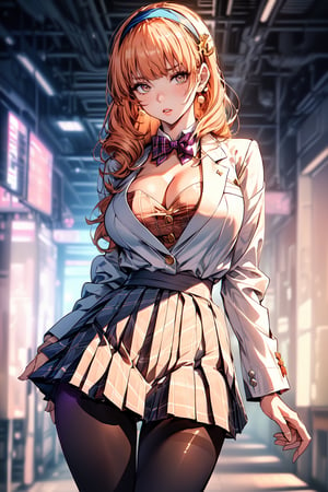 (cowboy shot: 1.5), (masterpiece:1.5), (big breasts), 1 girl, young woman, (Beautiful Girl:1.5), (extremely detailed and delicate anime face and eyes:1.5), whole body, (natural light, HDR, extremely details CG:1.3), (dynamic posture:1.3), {correct body anatomy}, (wide hips:1.4), (perfect hands:1.3), single focus, toned body, Beautiful Lips, thick lips, {surreal}, {correct posture}, {minutes details}, {detailed body}, {detailed clothing}, {Bright Eyes}, (cleavage: 1.3), {accessories}, {sexy}, {solo}, Korean school uniform, (Short blazer: 1.5), (white blouse: 1.3), long sleeves jacket, (High waist pleated skirt:1.5), (Plaid skirt: 1.3), high waist skirt, (Strap pleated skirt: 1.3), Strap, drawstring shirts, (pearl bow tie: 1.3), Hakama bow, (naby blue pantyhose: 1.5), black heels shoes, jewelry, (hairband: 1.3), earrings, (disdain look: 1.3), (medium hair 1.5), (peach hair: 1.5), (beehive hairdo: 1.3), (swept bangs: 1.5), glowing hair, (bright plum eyes: 1.3),