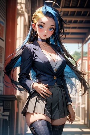 (cowboy shot: 1.5), (masterpiece:1.5), (big breasts), 1 girl, young woman, (Beautiful Girl:1.5), (extremely detailed and delicate anime face and eyes:1.5), whole body, (natural light, HDR, extremely details CG:1.3), (dynamic posture:1.3), {correct body anatomy}, (wide hips:1.4), (perfect hands:1.3), single focus, toned body, Beautiful Lips, thick lips, {surreal}, {correct posture}, {minutes details}, {detailed body}, {detailed clothing}, {Bright Eyes}, (cleavage: 1.3), {accessories}, {sexy}, {solo}, bbuniform, high school girl, school uniforms, (Short black blazer: 1.5), (white blouse: 1.3), long sleeves jacket, (open blazer: 1.5), silver-tone front zipper, (pleated skirt: 1.5), (short skirt: 1.3), (striped thighhighs: 1.5), (Hakama bow: 1.3), waist-defining belt, choker, (black high heel boots: 1.3), jewelry, earrings, (light smile: 1.5), (long hair: 1.5), (two-tone hair: 1.5), (navy blue hair with pale yellow streaks: 1.5), (navy blue hair: 1.3), (pale yellow streaks: 1.3), (quiff: 1.5), (side shaved head: 1.5), (straight hair: 1.3), (sidelocks: 1.5), (open forehead: 1.5), glowing hair, (ahoge: 1.5), (bright salmon eyes: 1.3),