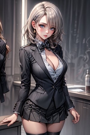 (masterpiece:1.5), (big breasts), 1 girl, young woman, (Beautiful Girl:1.5), (extremely detailed and delicate anime face and eyes:1.5), whole body, (natural light, HDR, extremely details CG:1.3), (dynamic posture:1.3), {correct body anatomy}, (wide hips:1.4), (perfect hands:1.3), single focus, toned body, Beautiful Lips, thick lips, {surreal}, {correct posture}, {minutes details}, {detailed body}, {detailed clothing}, {Bright Eyes}, (cleavage: 1.3), {accessories}, {sexy}, {solo}, (black wafuku: 1.5), (black school uniform: 1.3), (Short black blazer: 1.5), (black blouse: 1.3), long sleeves jacket, (short skirt: 1.3), skirt, (bowtie: 1.3), hairclip, jewelry, earrings, (brown thighhighs: 1.5), loafers, (disdain look: 1.3), (medium hair: 1.5), (permed hair: 1.3), (gray hair: 1.5), (swept bangs: 1.3), glowing hair, (bright lilac eyes: 1.3), 