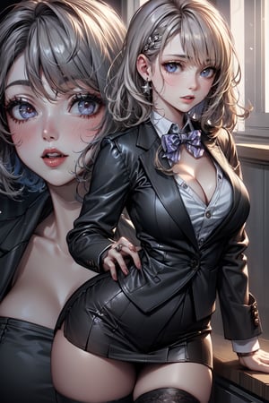 (masterpiece:1.5), (big breasts), 1 girl, young woman, (Beautiful Girl:1.5), (extremely detailed and delicate anime face and eyes:1.5), whole body, (natural light, HDR, extremely details CG:1.3), (dynamic posture:1.3), {correct body anatomy}, (wide hips:1.4), (perfect hands:1.3), single focus, toned body, Beautiful Lips, thick lips, {surreal}, {correct posture}, {minutes details}, {detailed body}, {detailed clothing}, {Bright Eyes}, (cleavage: 1.3), {accessories}, {sexy}, {solo}, (black wafuku: 1.5), (black school uniform: 1.3), (Short black blazer: 1.5), (black blouse: 1.3), long sleeves jacket, (short skirt: 1.3), skirt, (bowtie: 1.3), hairclip, jewelry, earrings, (brown thighhighs: 1.5), loafers, (disdain look: 1.3), (medium hair: 1.5), (permed hair: 1.3), (gray hair: 1.5), (swept bangs: 1.3), glowing hair, (bright lilac eyes: 1.3), 