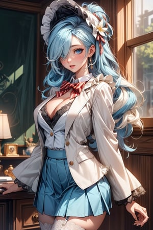 (cowboy shot: 1.5), (masterpiece:1.5), (big breasts), 1 girl, young woman, (Beautiful Girl:1.5), (extremely detailed and delicate anime face and eyes:1.5), whole body, (natural light, HDR, extremely details CG:1.3), (dynamic posture:1.3), {correct body anatomy}, (wide hips:1.4), (perfect hands:1.3), single focus, toned body, Beautiful Lips, thick lips, {surreal}, {correct posture}, {minutes details}, {detailed body}, {detailed clothing}, {Bright Eyes}, (cleavage: 1.3), {accessories}, {sexy}, {solo}, (Short white blazer: 1.5), long sleeves jacket, (open jacket: 1.5), (puffed sleeves: 1.3), (wide sleeves: 1.5), one-piece dress, (school dress: 1.5), (dress: 1.5), (skirt with lots of frills: 1.5), (skirt of frills: 1.3), (white lace-trimmed legwear: 1.5), white thighhighs, (Hakama bow: 1.3), hair flower, (white pointe shoes: 1.3), jewelry, (bowtie: 1.5), earrings, (Traditional Dutch Lace Bonnet: 1.3), (Shy look: 1.3), (long hair: 1.5), (two-tone hair: 1.5), (white hair with light blue streaks: 1.5), hair loop, (curly hair: 1.5), very thick hair, (hair over eyes, hair over one eye: 1.5), (sidelocks: 1.3), (eyes visible through hair: 1.5), glowing hair, (bright light blue eyes: 1.3), 