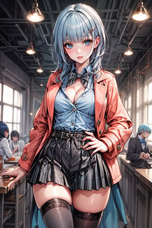 (masterpiece:1.5), (big breasts), 1 girl, young woman, (Beautiful Girl:1.5), (extremely detailed and delicate anime face and eyes:1.5), whole body, (natural light, HDR, extremely details CG:1.3), (dynamic posture:1.3), {correct body anatomy}, (wide hips:1.4), (perfect hands:1.3), single focus, toned body, Beautiful Lips, thick lips, {surreal}, {correct posture}, {minutes details}, {detailed body}, {detailed clothing}, {Bright Eyes}, (cleavage: 1.3), {accessories}, {sexy}, {solo}, Korean school uniform, (open short coat: 1.5), (Plaid short coat: 1.4), (short coat: 1.5), (High waist pleated skirt: 1.5), (Plaid skirt: 1.3), high waist skirt, Strap pleated skirt, white shirt, drawstring shirts, (pearl bow tie: 1.3), Hakama bow, (brown thighhighs: 1.5), black loafers, jewelry, (hairclip: 1.5), earrings, (medium long hair: 1.5), (gray blue hair: 1.5), (noodle hair: 1.3), (blunt bangs: 1.5),  glowing hair, (bright peach eyes: 1.3)