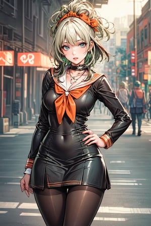 (masterpiece:1.5), (big breasts), 1 girl, young woman, (Beautiful Girl:1.5), (extremely detailed and delicate anime face and eyes:1.5), whole body, (natural light, HDR, extremely details CG:1.3), (dynamic posture:1.3), {correct body anatomy}, (wide hips:1.4), (perfect hands:1.3), single focus, toned body, Beautiful Lips, thick lips, {surreal}, {correct posture}, {minutes details}, {detailed body}, {detailed clothing}, {Bright Eyes}, (cleavage: 1.3), {accessories}, {sexy}, {solo}, (brown sailor dress: 1.5), (school uniform: 1.3), brown long sleeves, (white sailor collar: 1.3), short skirt, (black thigh-high pantyhose: 1.3), black pantyhose, ribbon tie, bowtie, loafers, earrings, (hair bow: 1.3), necklace, (Shy look: 1.3), medium hair, (two-tone hair: 1.5), (dark green hair with lime green streaks: 1.5), (permed hair: 1.5), (hair loop: 1.3), swept bangs, glowing hair, (bright light orange eyes: 1.3),