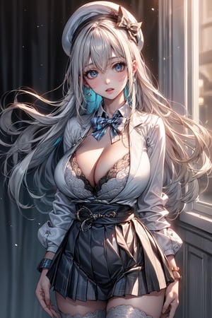 (masterpiece:1.5), (big breasts), 1 girl, young woman, (Beautiful Girl:1.5), (extremely detailed and delicate anime face and eyes:1.5), whole body, (natural light, HDR, extremely details CG:1.3), (dynamic posture:1.3), {correct body anatomy}, (wide hips:1.4), (perfect hands:1.3), single focus, toned body, Beautiful Lips, thick lips, {surreal}, {correct posture}, {minutes details}, {detailed body}, {detailed clothing}, {Bright Eyes}, (cleavage: 1.3), {accessories}, {sexy}, {solo}, (school uniform Winter: 1.3), (Short blazer: 1.5), (white blouse: 1.3), long sleeves jacket, (High waist pleated skirt: 1.5), (Plaid skirt: 1.3), high waist skirt, (white lace-trimmed legwear: 1.5), white thighhighs, (Hakama bow: 1.5), (Silk beret: 1.5), (ribbon: 1.3), (bowtie: 1.3), black pointe shoes, jewelry, earrings, (Shy look: 1.3), (extra long hair: 1.5), (two-tone hair: 1.5), (Pearl White hair with light blue streaks: 1.5), bangs, (low tied long hair: 1.5), (straight hair: 1.3), (hair between eyes: 1.5), (sidelocks: 1.3), glowing hair, (bright light emerald eyes: 1.3), 