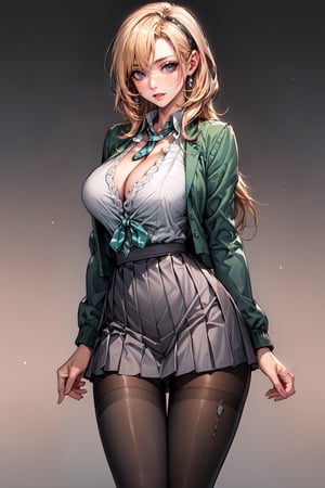 (masterpiece:1.5), (big breasts), 1 girl, young woman, (Beautiful Girl:1.5), (extremely detailed and delicate anime face and eyes:1.5), whole body, (natural light, HDR, extremely details CG:1.3), (dynamic posture:1.3), {correct body anatomy}, (wide hips:1.4), (perfect hands:1.3), single focus, toned body, Beautiful Lips, thick lips, {surreal}, {correct posture}, {minutes details}, {detailed body}, {detailed clothing}, {Bright Eyes}, (cleavage: 1.3), {accessories}, {sexy}, {solo}, (school uniform: 1.5), high school student outfit, (school jacket: 1.5), long sleeves jacket, short skirt, (pleated short skirt: 1.3), (thigh-high pantyhose: 1.3), (black pantyhose, blouse: 1.3), (lace collar with tie: 1.3), ribbon tie, (high heel boots: 1.3), earrings, necklace, hairband, hairclip, (light smile: 1.3), long hair, (two-tone hair: 1.5), (blonde hair with pink and green streaks: 1.5), glowing hair, (bright blue eyes: 1.3), 