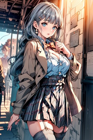 (cowboy shot: 1.5), (masterpiece:1.5), (big breasts), 1 girl, young woman, (Beautiful Girl:1.5), (extremely detailed and delicate anime face and eyes:1.5), whole body, (natural light, HDR, extremely details CG:1.3), (dynamic posture:1.3), {correct body anatomy}, (wide hips:1.4), (perfect hands:1.3), single focus, toned body, Beautiful Lips, thick lips, {surreal}, {correct posture}, {minutes details}, {detailed body}, {detailed clothing}, {Bright Eyes}, (cleavage: 1.3), {accessories}, {sexy}, {solo}, Korean school uniform, (open short coat: 1.5), (Plaid short coat: 1.4), (short coat: 1.5), (High waist pleated skirt: 1.5), (Plaid skirt: 1.3), high waist skirt, Strap pleated skirt, white shirt, drawstring shirts, (pearl bow tie: 1.3), Hakama bow, (brown thighhighs: 1.5), black loafers, jewelry, (hairclip: 1.5), earrings, (medium long hair: 1.5), (gray blue hair: 1.5), (noodle hair: 1.3), (blunt bangs: 1.5),  glowing hair, (bright peach eyes: 1.3),