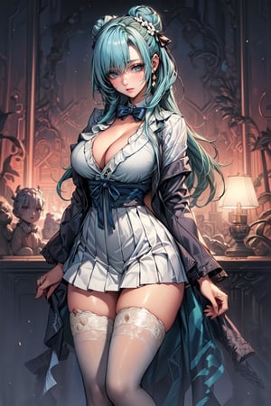 (masterpiece:1.5), (big breasts), 1 girl, young woman, (Beautiful Girl:1.5), (extremely detailed and delicate anime face and eyes:1.5), whole body, (natural light, HDR, extremely details CG:1.3), (dynamic posture:1.3), {correct body anatomy}, (wide hips:1.4), (perfect hands:1.3), single focus, toned body, Beautiful Lips, thick lips, {surreal}, {correct posture}, {minutes details}, {detailed body}, {detailed clothing}, {Bright Eyes}, (cleavage: 1.3), {accessories}, {sexy}, {solo}, (Short blazer: 1.5), long sleeves jacket, (open jacket: 1.5), (puffed sleeves: 1.3), (wide sleeves: 1.3), one-piece dress, (wide sleeves: 1.3), (school dress: 1.5), (pleated dress: 1.5), (dress: 1.5), (skirt with lots of frills: 1.5), (white lace-trimmed legwear: 1.5), white thighhighs, (Hakama bow: 1.3), hair flower, (black heels shoes: 1.3), jewelry, (bowtie: 1.5), earrings, (hair bow: 1.3), (long hair: 1.5), (two-tone hair: 1.5), (light blue hair with green streaks: 1.5), hair loop, (bun hair: 1.3), donut hair, (hime cut bangs: 1.5), very thick hair, (hair over eyes: 1.3), glowing hair, (bright light yellot eyes: 1.3),