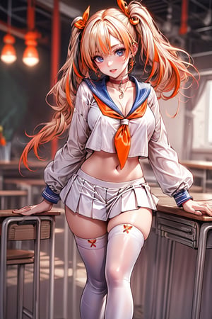 (masterpiece:1.5), (big breasts), 1 girl, young woman, (Beautiful Girl:1.5), (extremely detailed and delicate anime face and eyes:1.5), whole body, (natural light, HDR, extremely details CG:1.3), (dynamic posture:1.3), {correct body anatomy}, (wide hips:1.4), (perfect hands:1.3), single focus, toned body, Beautiful Lips, thick lips, {surreal}, {correct posture}, {minutes details}, {detailed body}, {detailed clothing}, {Bright Eyes}, (cleavage: 1.3), {accessories}, {sexy}, {solo}, school uniform, sailor suits, (school sailor suit: 1.5), white sailor uniform, (sailor fuku: 1.3), zettai ryoiki, (navy blue pleated skirt: 1.3), light brown skirt, (light brown shirt: 1.5), (light brown long sleeves: 1.3), (navy blue sailor collar: 1.3), serafuku, (white thighhighs: 1.5), white socks, ribbon, (red neckerchief: 1.3), red sailor tie, bracelets, white choker, dark brown heels shoes, earrings, (hair ribbon: 1.3), necklace, (light smile: 1.3), long hair, (two-tone hair: 1.5), (blonde hair with pink and orange streaks: 1.5), (long twintails: 1.5), (nape hair: 1.5), (sidelocks: 1.3), glowing hair, (bright aquamarine eyes: 1.3), 