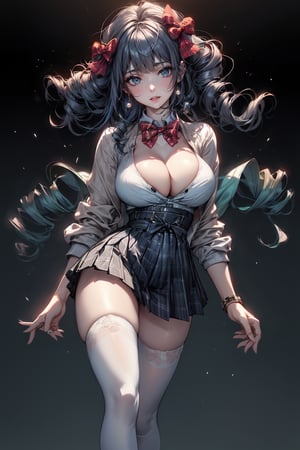 (masterpiece:1.5), (big breasts), 1 girl, young woman, (Beautiful Girl:1.5), (extremely detailed and delicate anime face and eyes:1.5), whole body, (natural light, HDR, extremely details CG:1.3), (dynamic posture:1.3), {correct body anatomy}, (wide hips:1.4), (perfect hands:1.3), single focus, toned body, Beautiful Lips, thick lips, {surreal}, {correct posture}, {minutes details}, {detailed body}, {detailed clothing}, {Bright Eyes}, (cleavage: 1.3), {accessories}, {sexy}, {solo}, Korean school uniform, (Short blazer: 1.5), (white blouse: 1.3), long sleeves jacket, (High waist pleated skirt:1.5), (Plaid skirt: 1.3), high waist skirt, (Strap pleated skirt: 1.3), Strap, drawstring shirts, (pearl bow tie: 1.3), Hakama bow, (white legwear: 1.5), black heels shoes, jewelry, (hair bow: 1.3), earrings, (dark blue hair: 1.5), long hair, (quad drills hair: 1.5), (straight hair: 1.3), blunt bangs, glowing hair, (bright light green eyes: 1.3), 