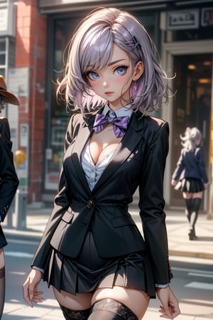 (cowboy shot: 1.5), (masterpiece:1.5), (big breasts), 1 girl, young woman, (Beautiful Girl:1.5), (extremely detailed and delicate anime face and eyes:1.5), whole body, (natural light, HDR, extremely details CG:1.3), (dynamic posture:1.3), {correct body anatomy}, (wide hips:1.4), (perfect hands:1.3), single focus, toned body, Beautiful Lips, thick lips, {surreal}, {correct posture}, {minutes details}, {detailed body}, {detailed clothing}, {Bright Eyes}, (cleavage: 1.3), {accessories}, {sexy}, {solo}, (black wafuku: 1.5), (black school uniform: 1.3), (Short black blazer: 1.5), (black blouse: 1.3), long sleeves jacket, (short skirt: 1.3), skirt, (bowtie: 1.3), hairclip, jewelry, earrings, (brown thighhighs: 1.5), loafers, (disdain look: 1.3), (medium hair: 1.5), (permed hair: 1.3), (gray hair: 1.5), (swept bangs: 1.3), glowing hair, (bright lilac eyes: 1.3), 